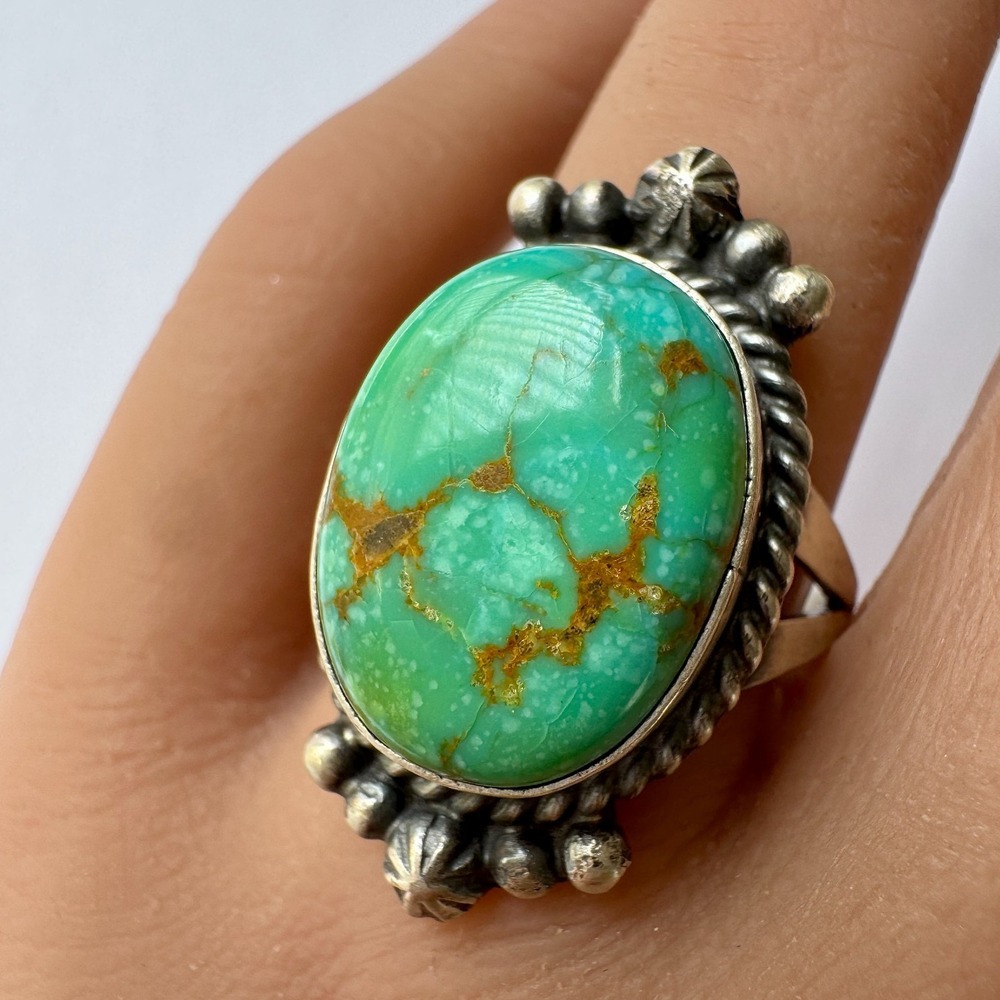 Navajo Sonoran Gold Turquoise Ring Sz 9 Sterling Signed F Stamp Native American